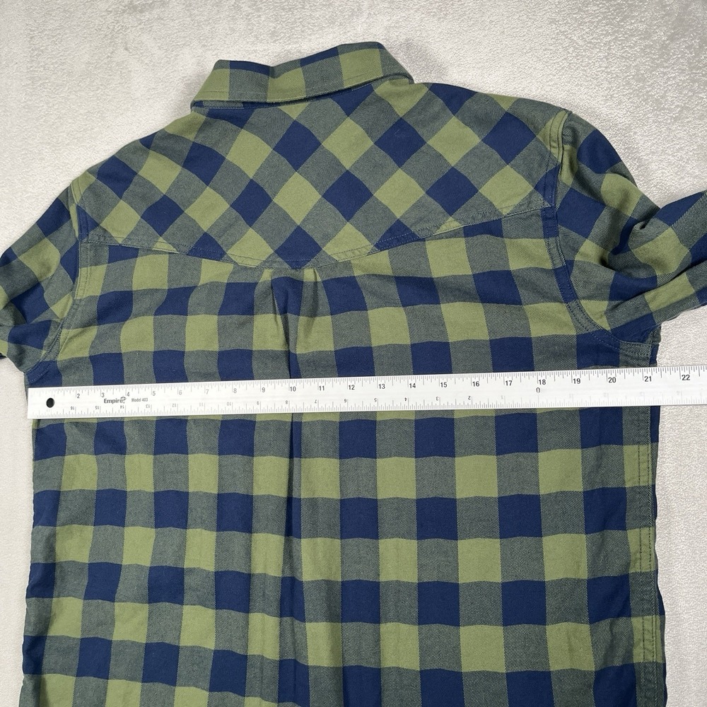 Stio Mens Medium Flannel Shirt Green Blue Buffalo Plaid Organic Cotton Stretch - Picture 7 of 9